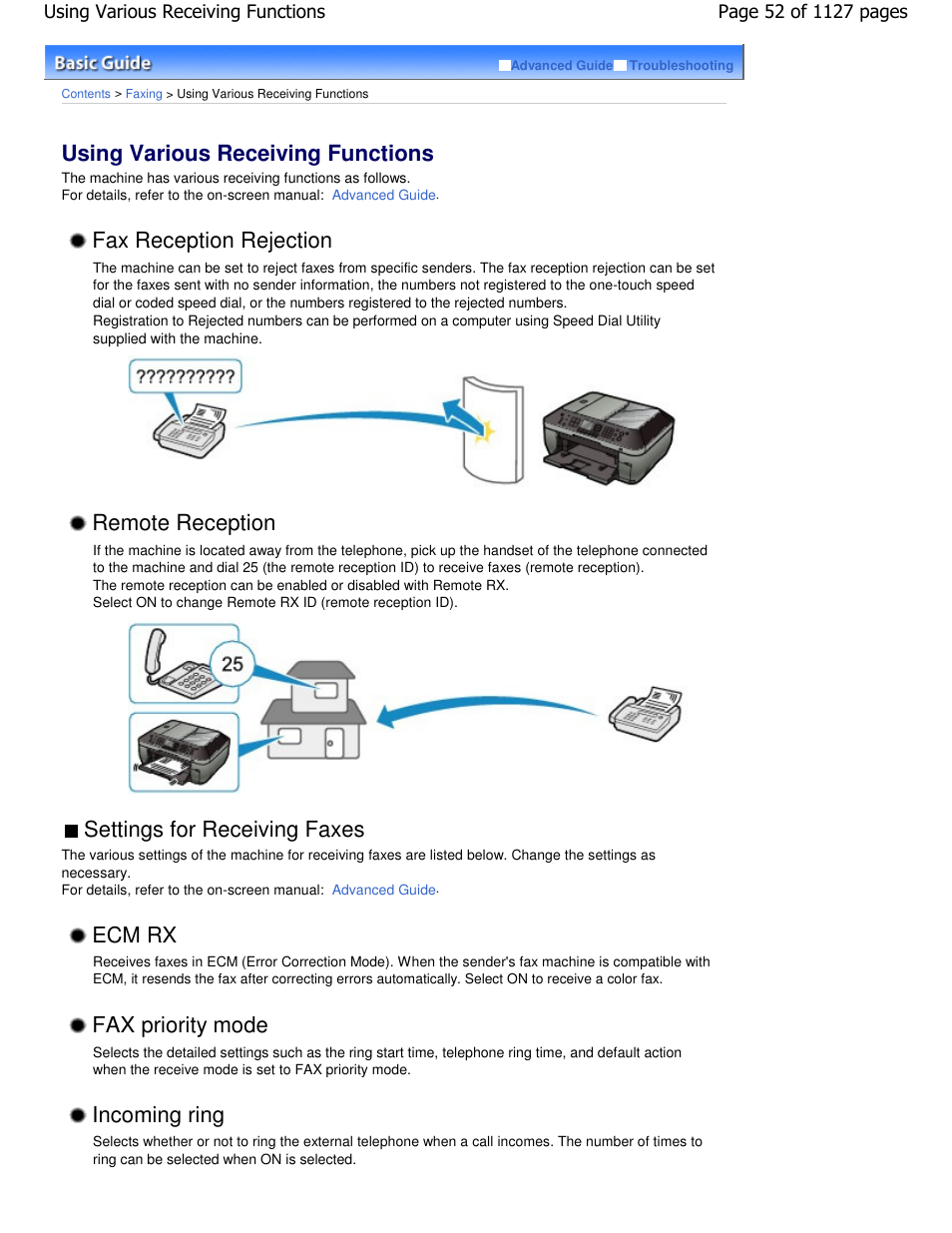 Using various receiving functions, Fax reception rejection, Remote reception | Settings for receiving faxes, Fax priority mode, Incoming ring, Ecm rx | Canon PIXMA MX870 User Manual | Page 52 / 1127