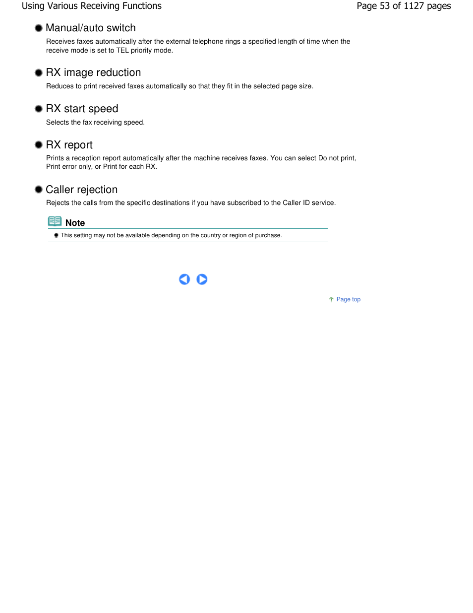 Rx start speed, Rx report, Manual/auto switch | Rx image reduction, Caller rejection | Canon PIXMA MX870 User Manual | Page 53 / 1127