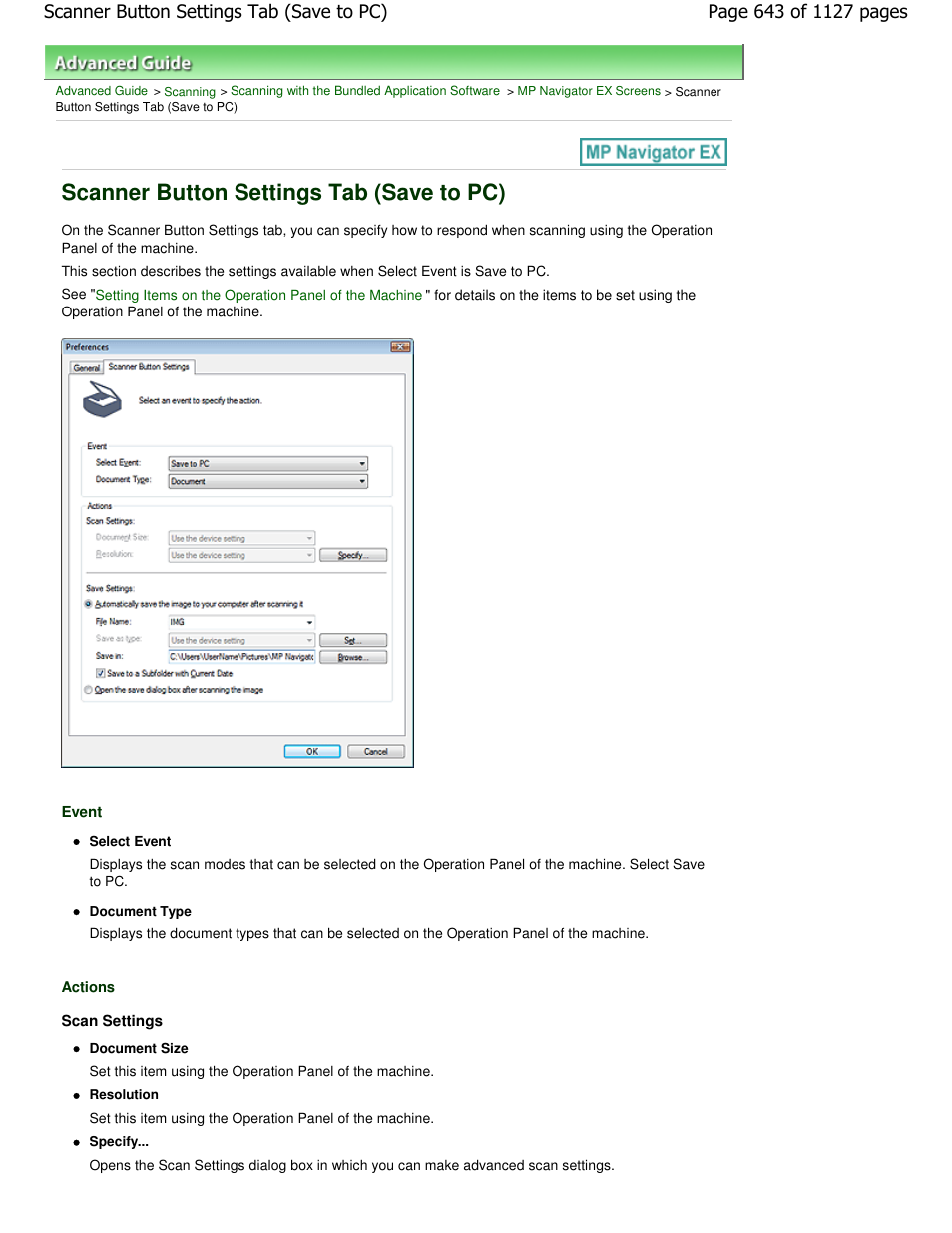 Scanner button settings tab (save to pc) | Canon PIXMA MX870 User Manual | Page 643 / 1127