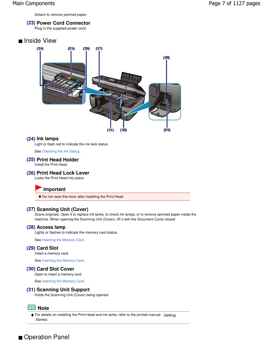 Inside view, Operation panel | Canon PIXMA MX870 User Manual | Page 7 / 1127