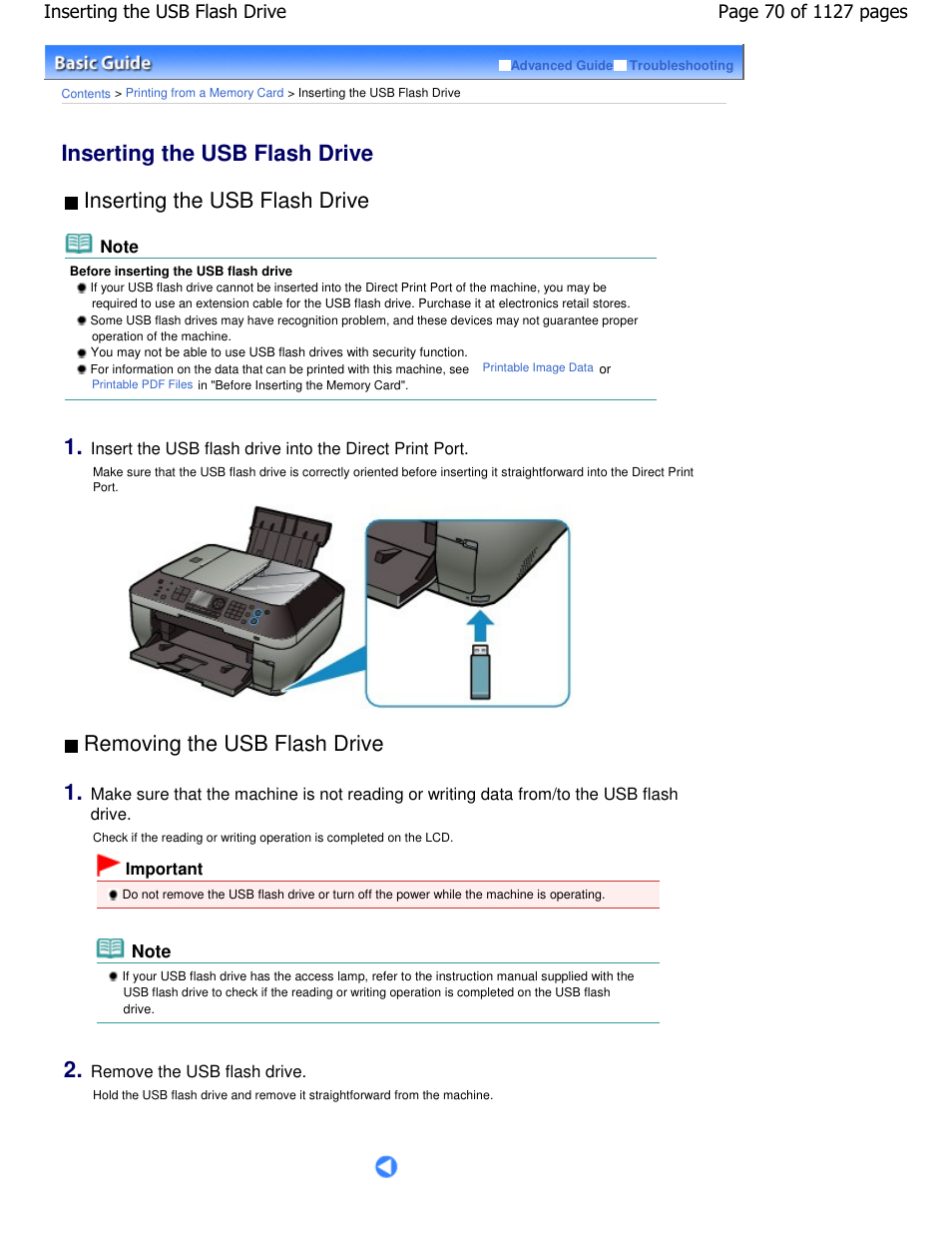 Inserting the usb flash drive, Removing the usb flash drive | Canon PIXMA MX870 User Manual | Page 70 / 1127