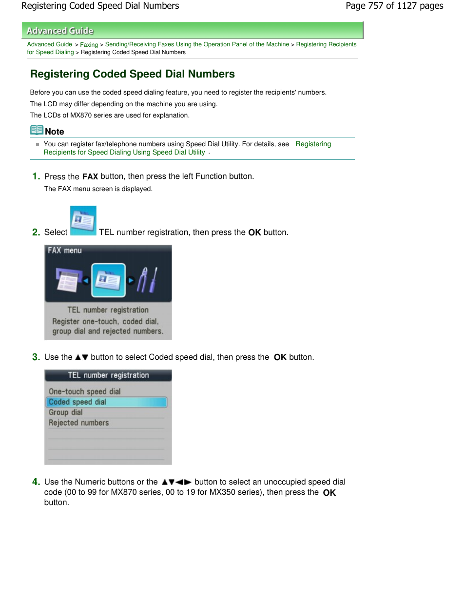 Registering coded speed dial numbers | Canon PIXMA MX870 User Manual | Page 757 / 1127
