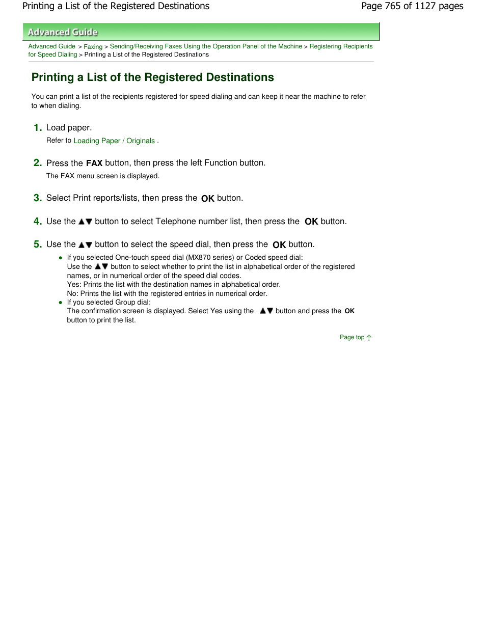 Printing a list of the registered destinations | Canon PIXMA MX870 User Manual | Page 765 / 1127