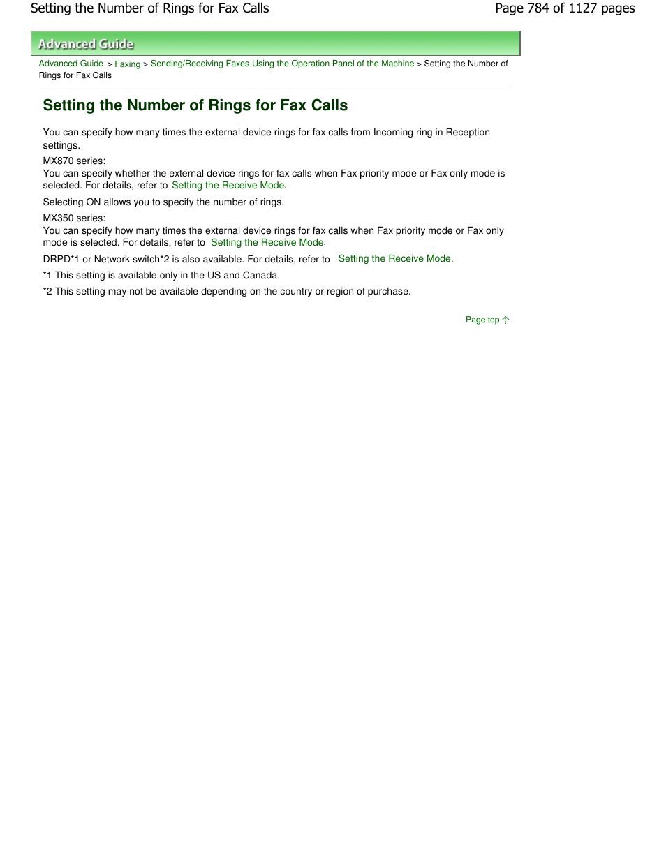 Setting the number of rings for fax calls | Canon PIXMA MX870 User Manual | Page 784 / 1127