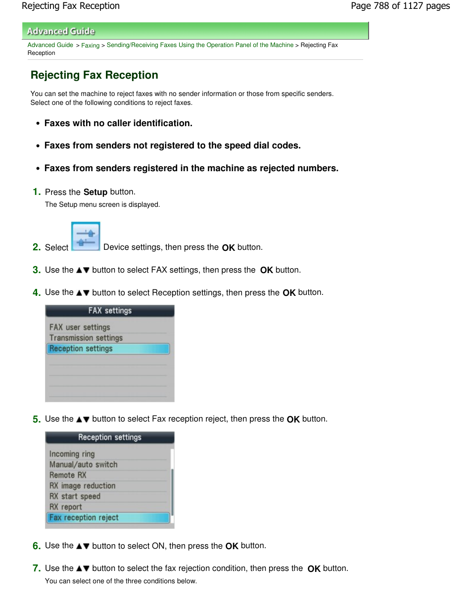 Rejecting fax reception | Canon PIXMA MX870 User Manual | Page 788 / 1127