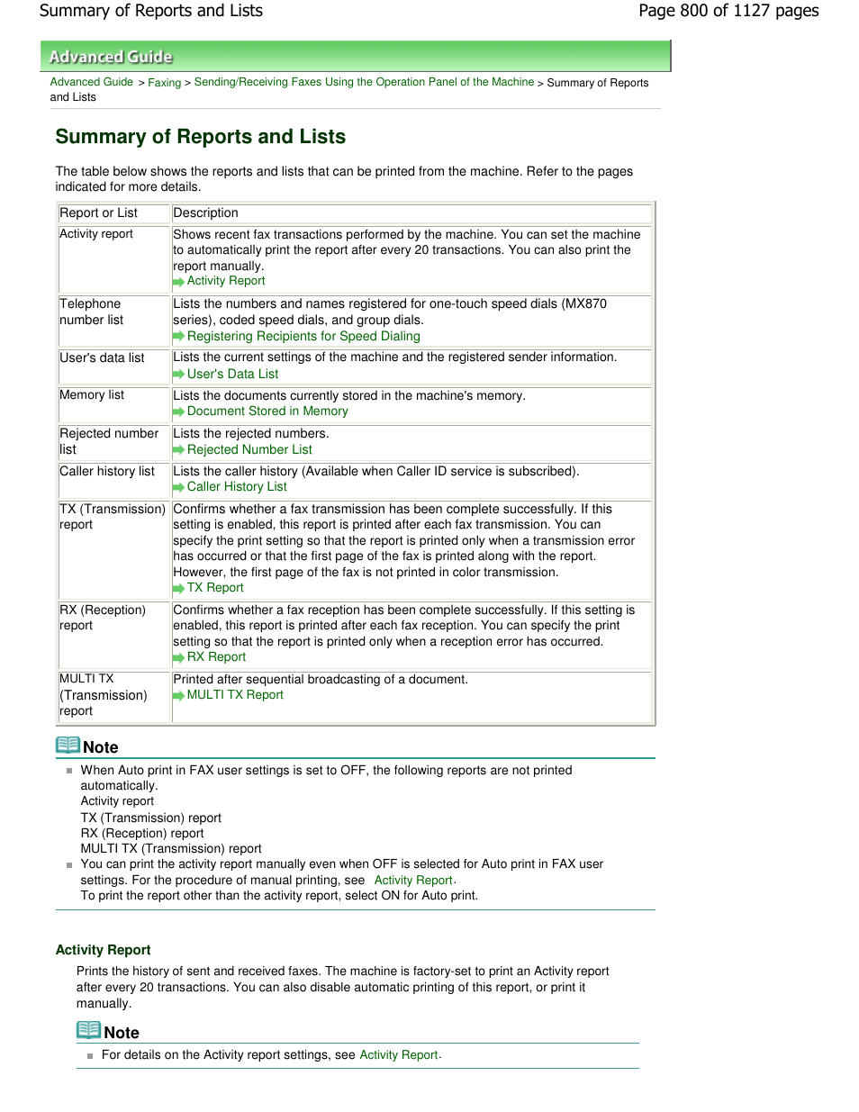 Summary of reports and lists | Canon PIXMA MX870 User Manual | Page 800 / 1127