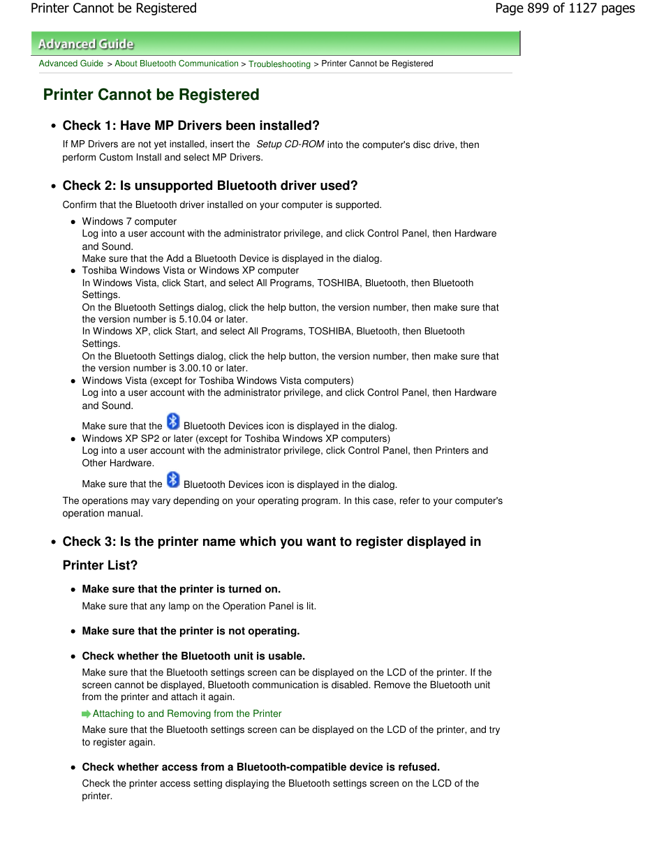 Printer cannot be registered, Check 1: have mp drivers been installed, Check 2: is unsupported bluetooth driver used | Canon PIXMA MX870 User Manual | Page 899 / 1127