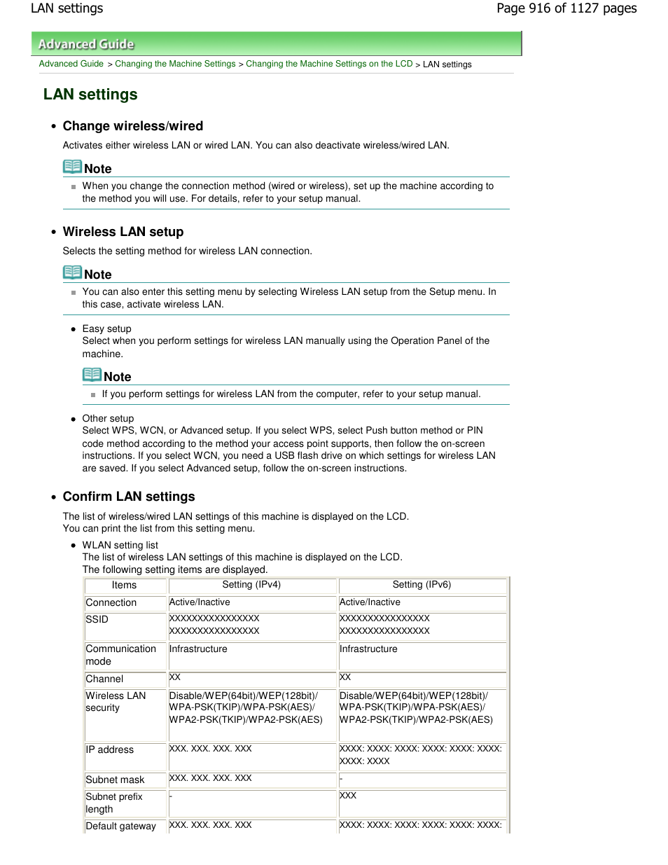 Lan settings, Change wireless/wired, Wireless lan setup | Confirm lan settings | Canon PIXMA MX870 User Manual | Page 916 / 1127