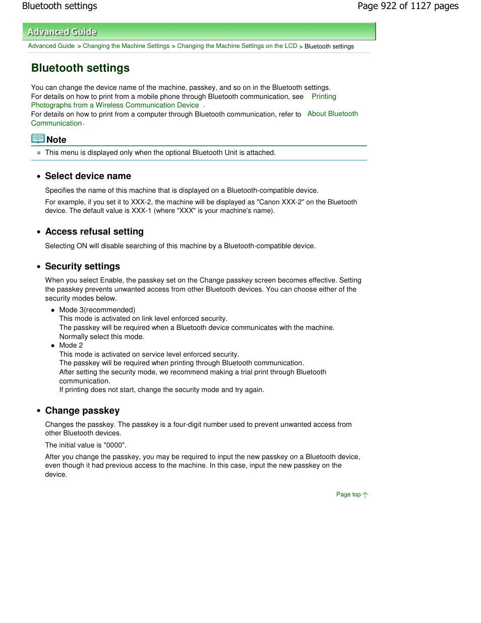 Bluetooth settings, Select device name, Access refusal setting | Security settings, Change passkey | Canon PIXMA MX870 User Manual | Page 922 / 1127