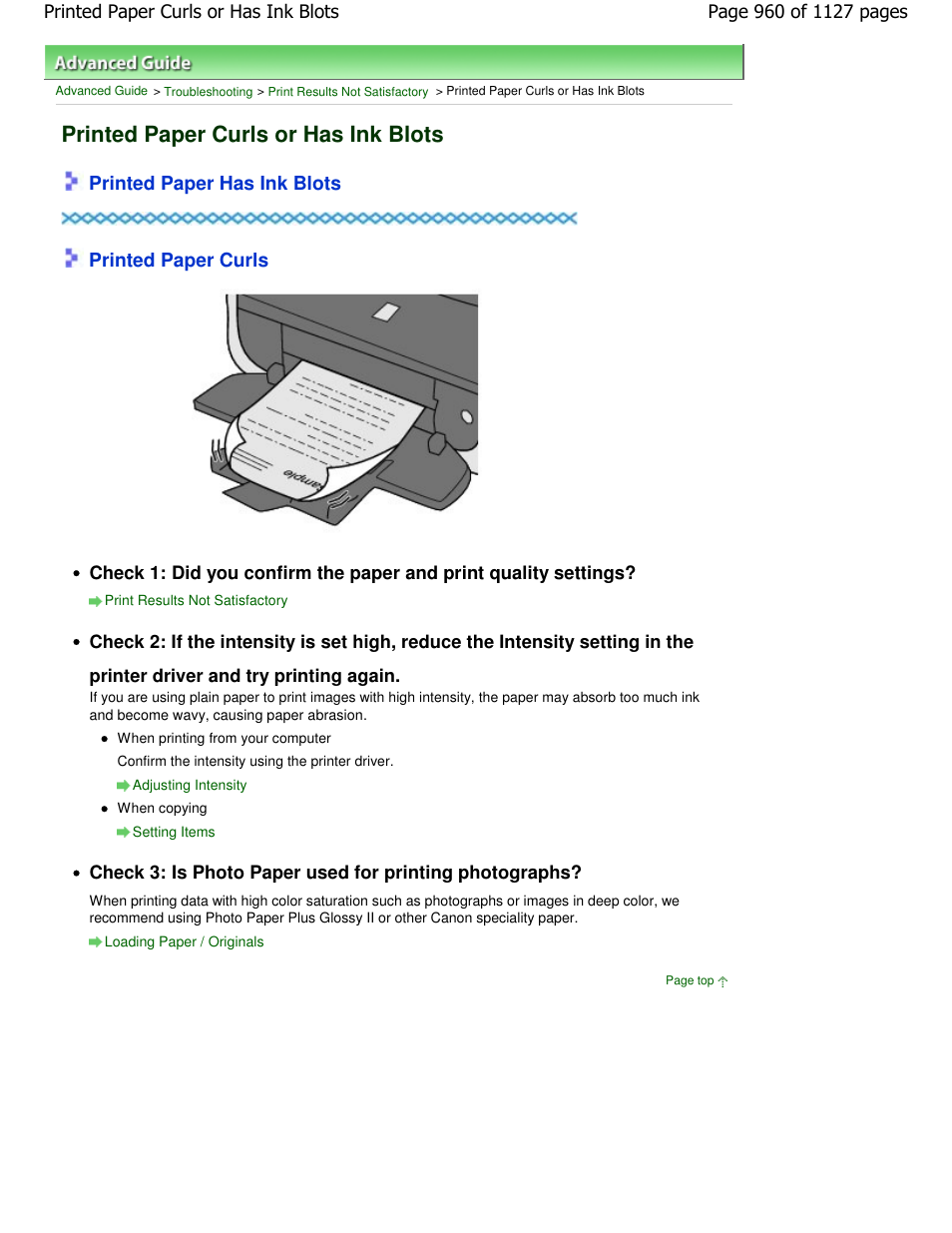 Printed paper curls or has ink blots, Printed paper has ink blots printed paper curls | Canon PIXMA MX870 User Manual | Page 960 / 1127