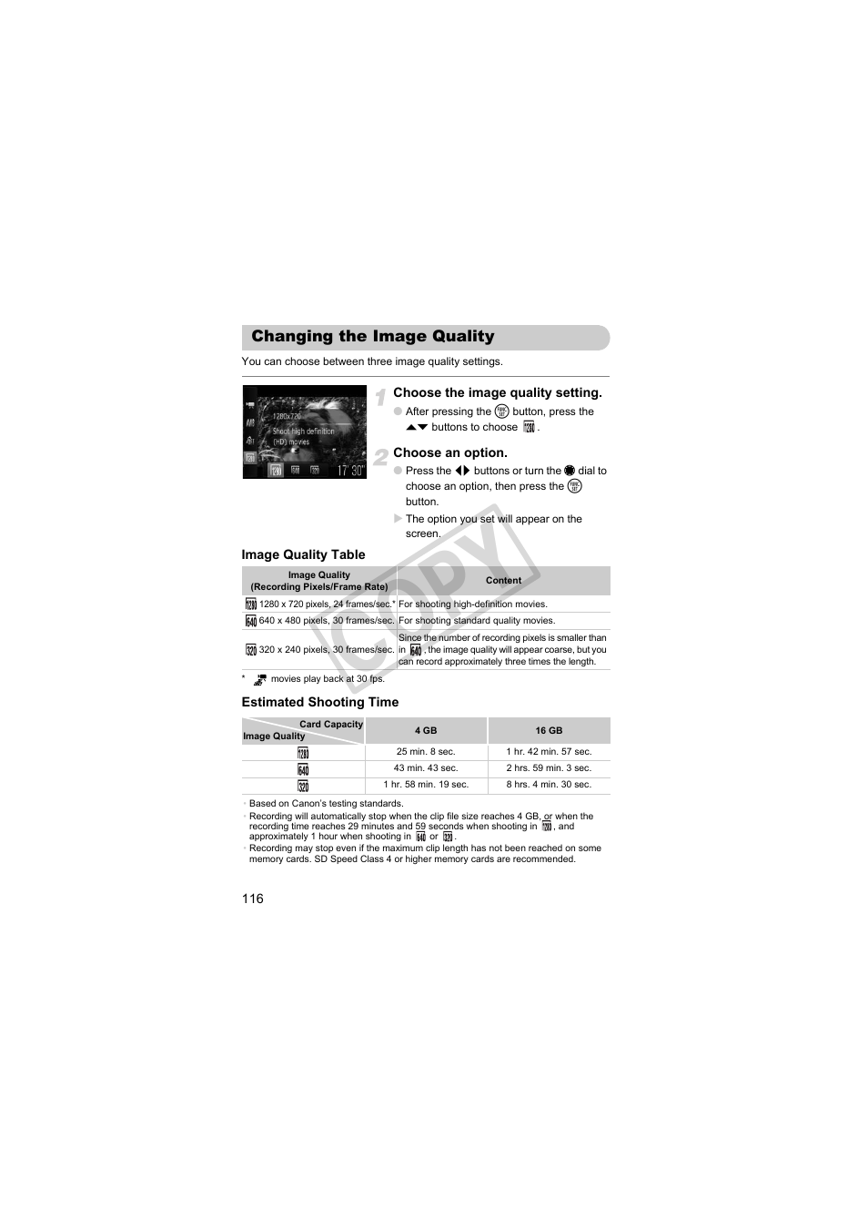 Changing the image quality, Cop y | Canon PowerShot S95 User Manual | Page 116 / 196