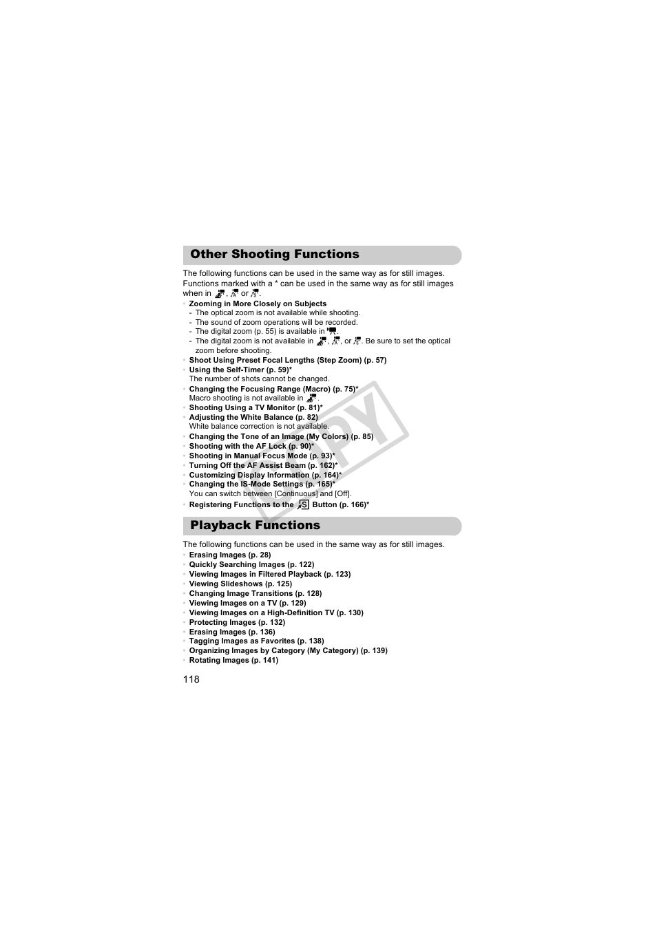 Other shooting functions playback functions, C op y | Canon PowerShot S95 User Manual | Page 118 / 196