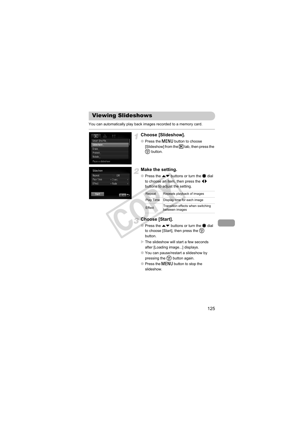 Viewing slideshows, Viewing slideshows (p. 125), Cop y | Canon PowerShot S95 User Manual | Page 125 / 196