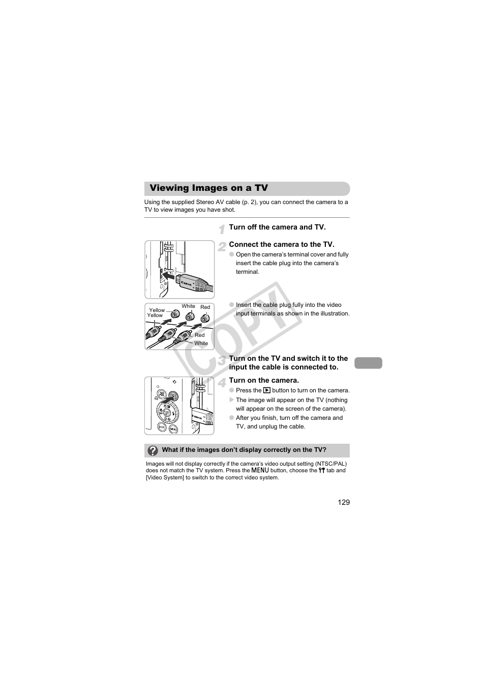 Viewing images on a tv, Viewing images on a tv (p. 129), Cop y | Canon PowerShot S95 User Manual | Page 129 / 196