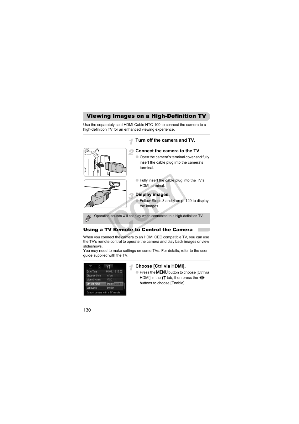 Viewing images on a high-definition tv, Viewing images on a high-definition tv (p. 130), Cop y | Canon PowerShot S95 User Manual | Page 130 / 196