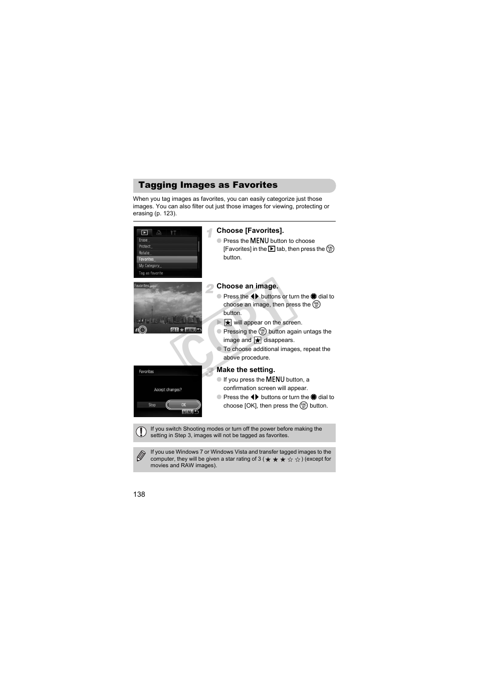 Tagging images as favorites, Tagging images as favorites (p. 138), Cop y | Canon PowerShot S95 User Manual | Page 138 / 196