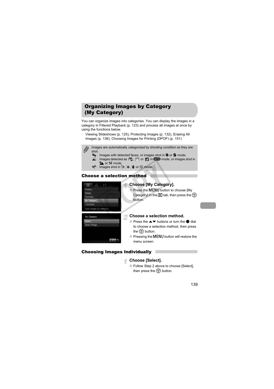 Organizing images by category (my category), Cop y | Canon PowerShot S95 User Manual | Page 139 / 196