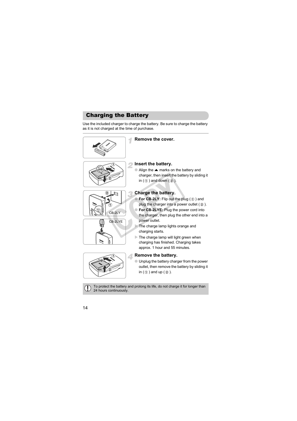 Charging the battery, Cop y | Canon PowerShot S95 User Manual | Page 14 / 196