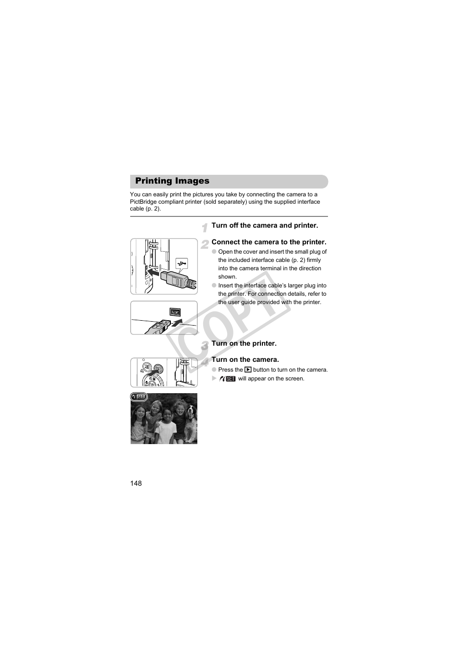 Printing images, Cop y | Canon PowerShot S95 User Manual | Page 148 / 196