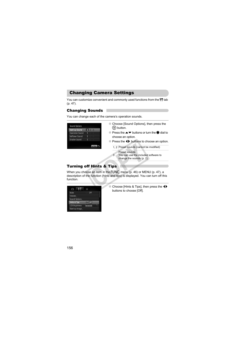 Changing camera settings, C op y | Canon PowerShot S95 User Manual | Page 156 / 196