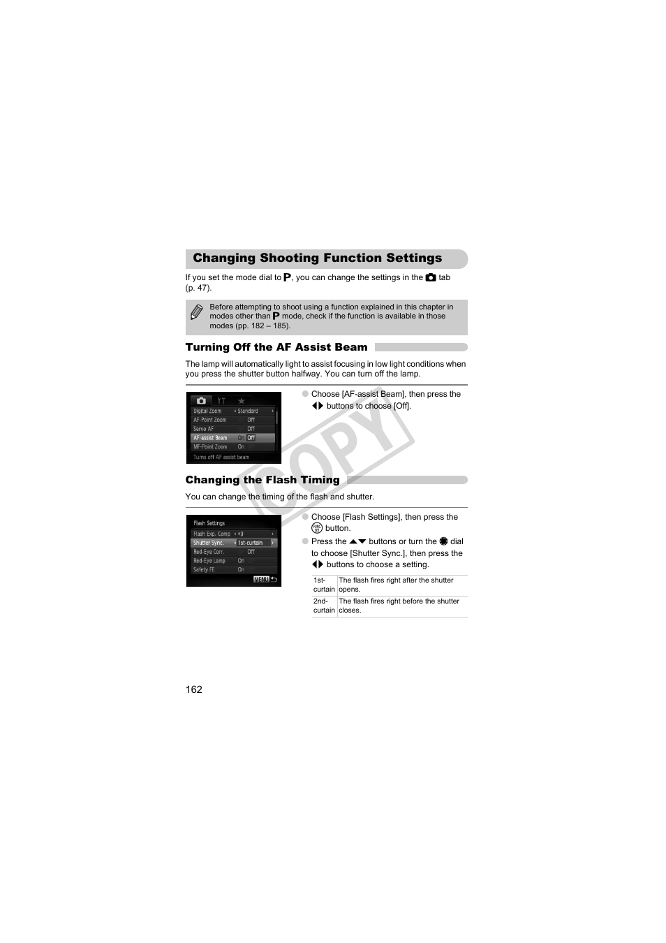 Changing shooting function settings, Turning off the af assist beam (p. 162), Cop y | Canon PowerShot S95 User Manual | Page 162 / 196