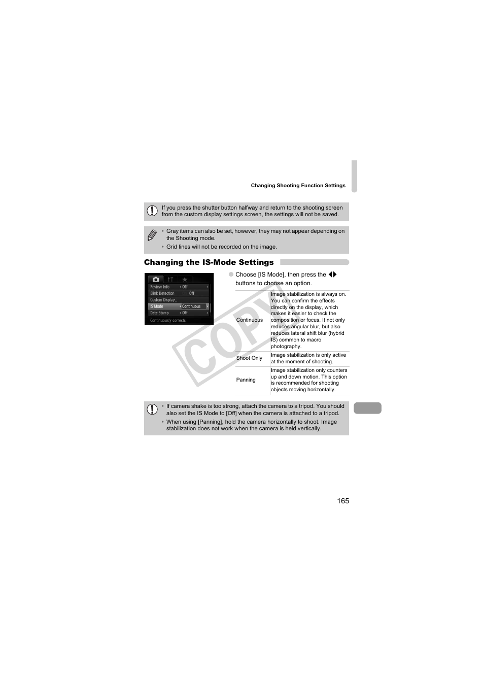 Changing the is-mode settings (p. 165), Cop y | Canon PowerShot S95 User Manual | Page 165 / 196