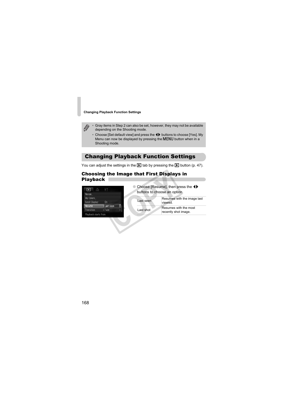 Changing playback function settings, Cop y | Canon PowerShot S95 User Manual | Page 168 / 196