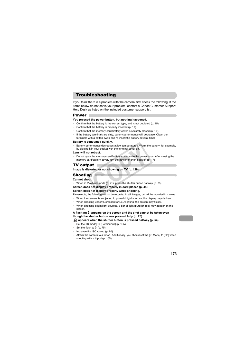 Troubleshooting, C op y | Canon PowerShot S95 User Manual | Page 173 / 196