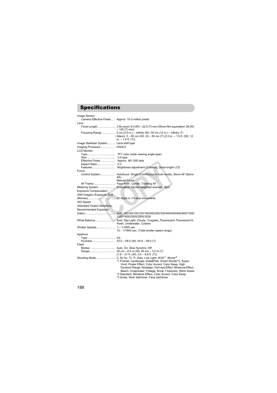 Specifications, Cop y | Canon PowerShot S95 User Manual | Page 188 / 196