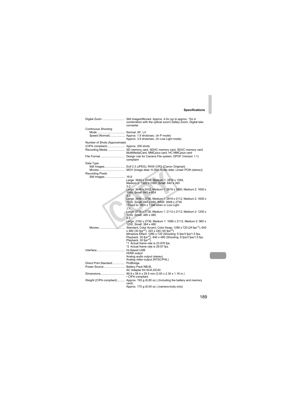 Cop y | Canon PowerShot S95 User Manual | Page 189 / 196