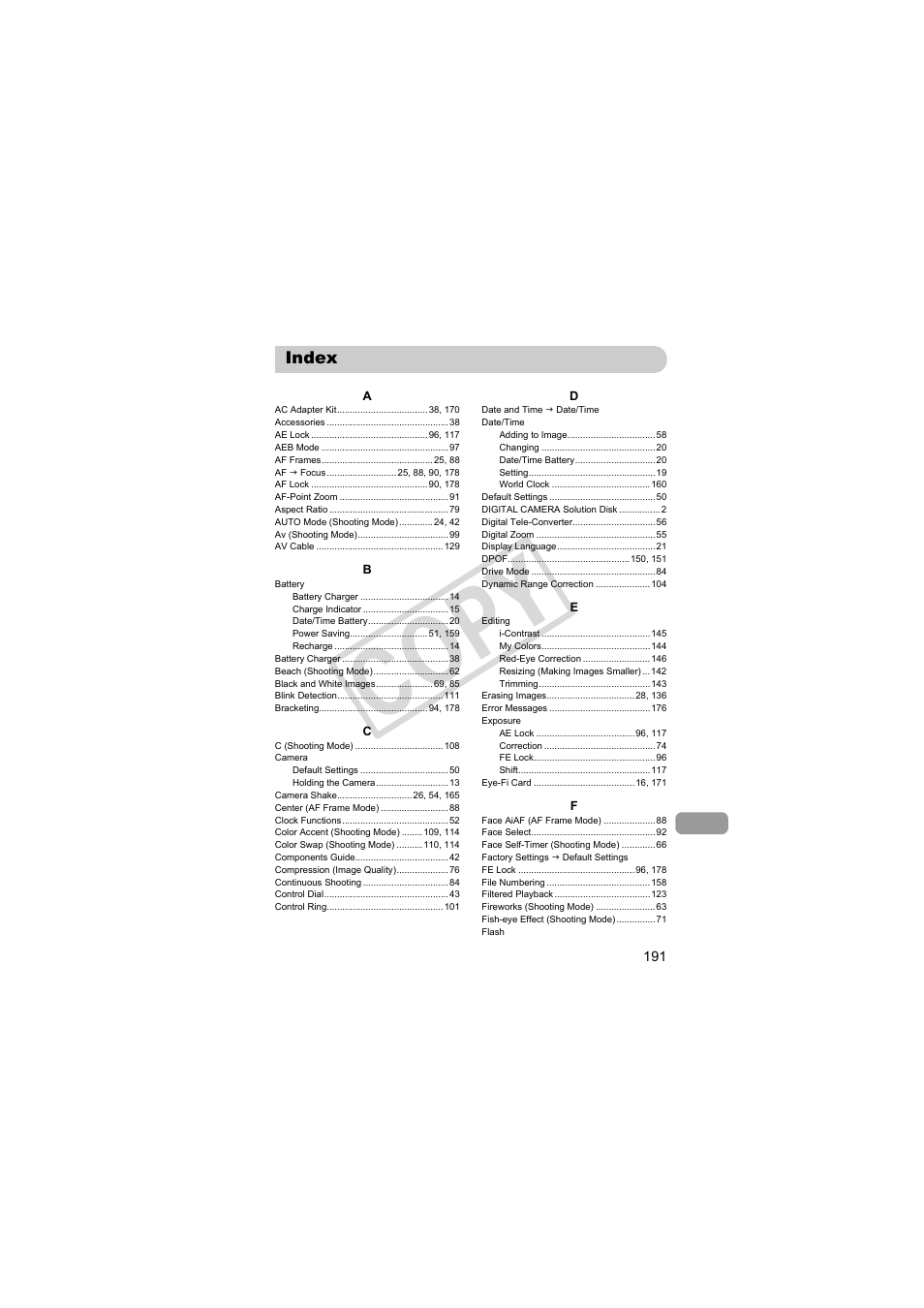 Index, C op y | Canon PowerShot S95 User Manual | Page 191 / 196