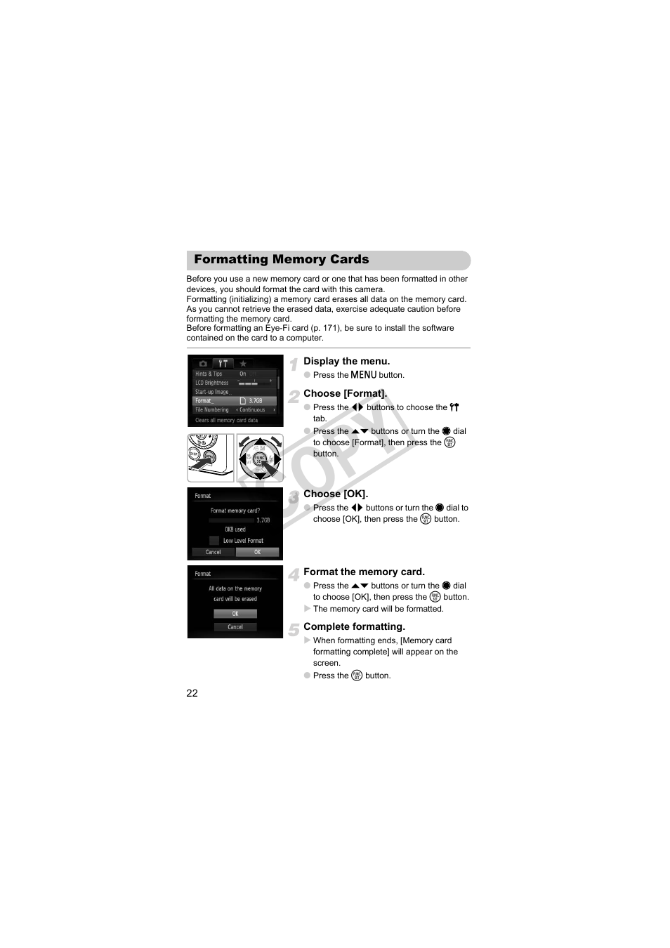 Formatting memory cards, Cop y | Canon PowerShot S95 User Manual | Page 22 / 196