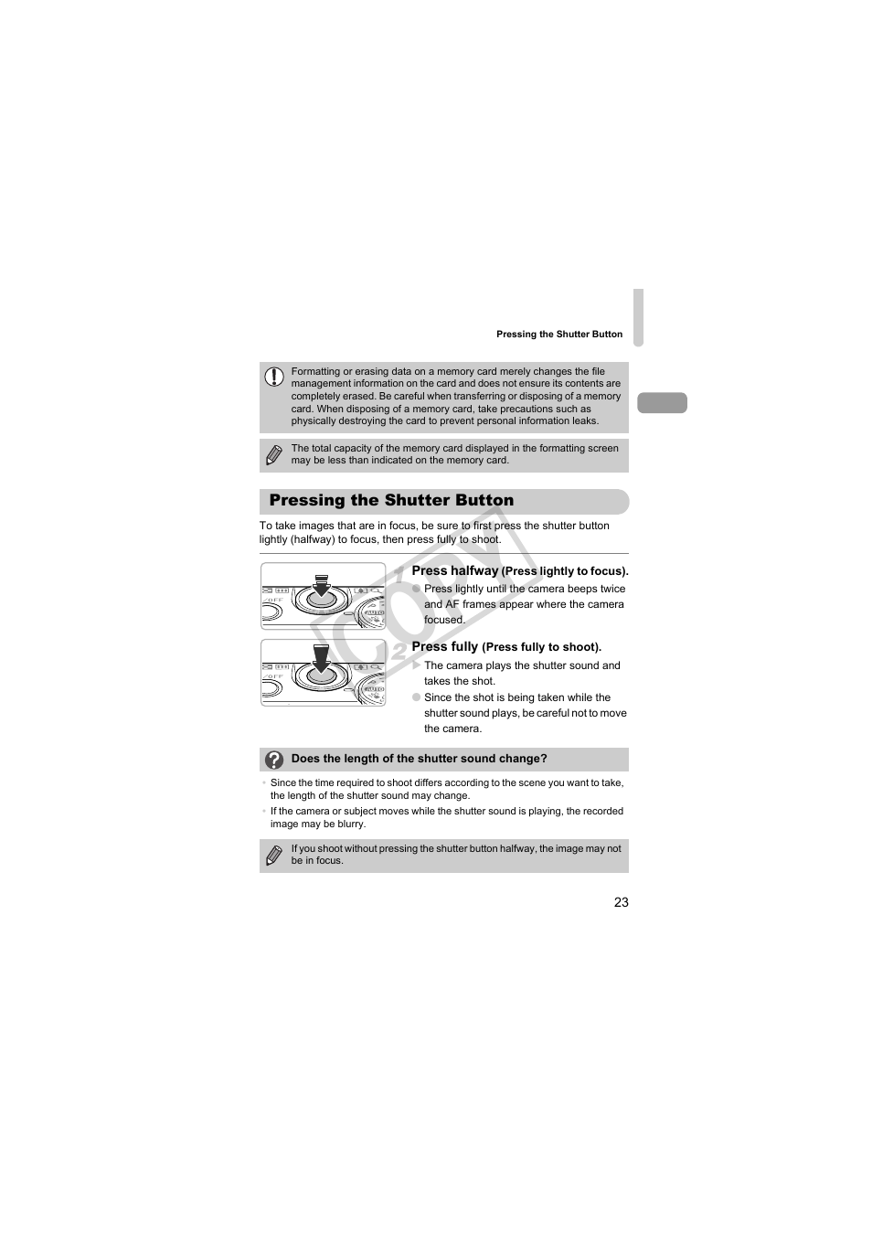 Pressing the shutter button, Cop y | Canon PowerShot S95 User Manual | Page 23 / 196
