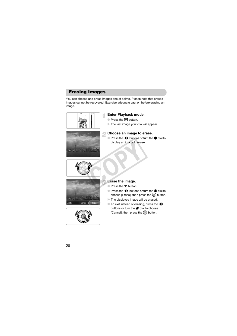 Erasing images, Cop y | Canon PowerShot S95 User Manual | Page 28 / 196