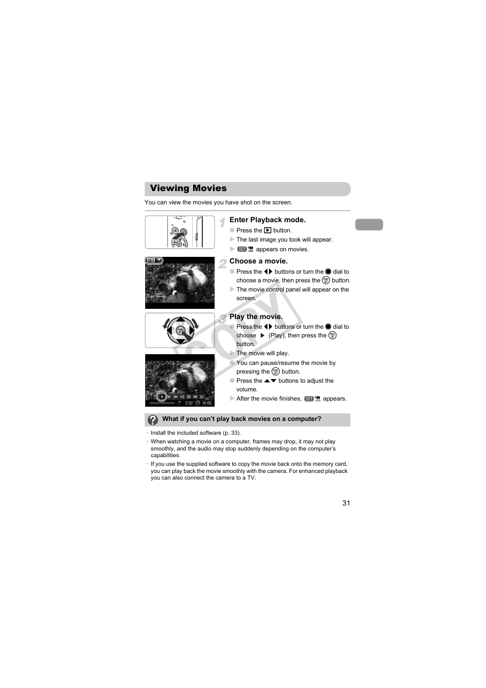 Viewing movies, Cop y | Canon PowerShot S95 User Manual | Page 31 / 196