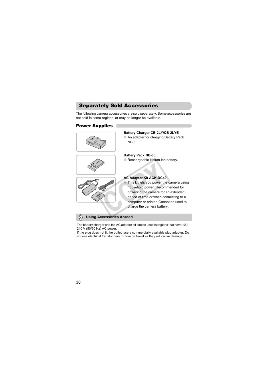 Separately sold accessories, Cop y | Canon PowerShot S95 User Manual | Page 38 / 196