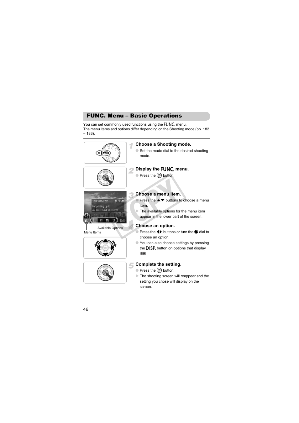 Func. menu – basic operations, Cop y | Canon PowerShot S95 User Manual | Page 46 / 196