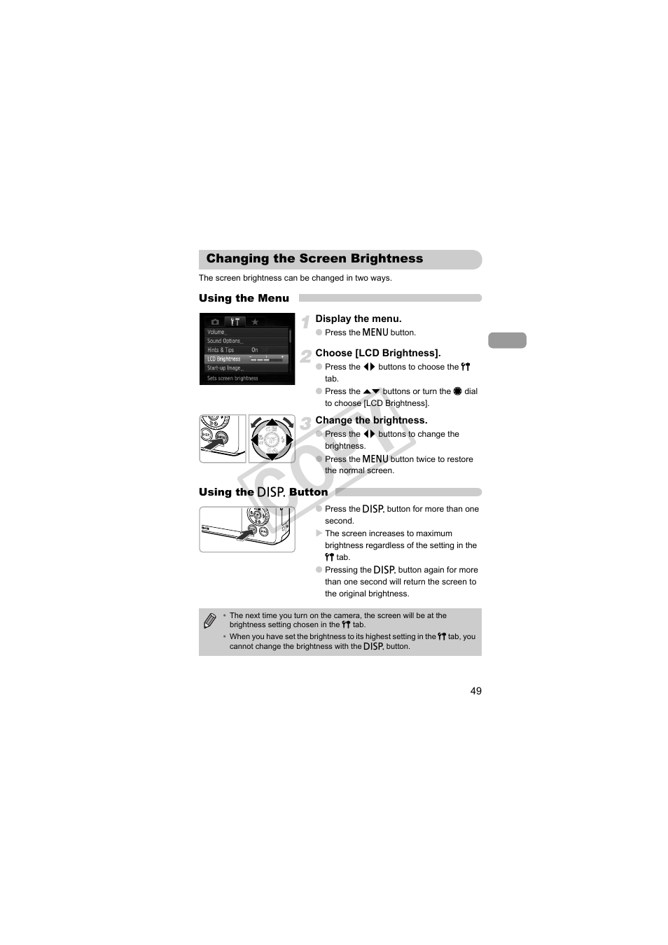 Changing the screen brightness, Cop y | Canon PowerShot S95 User Manual | Page 49 / 196