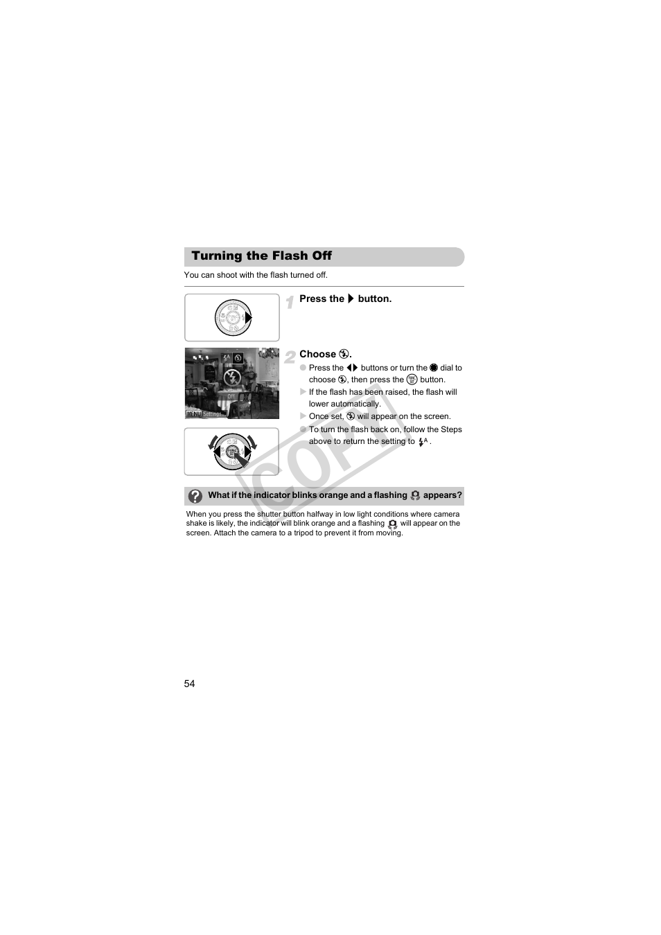 Turning the flash off, Cop y | Canon PowerShot S95 User Manual | Page 54 / 196