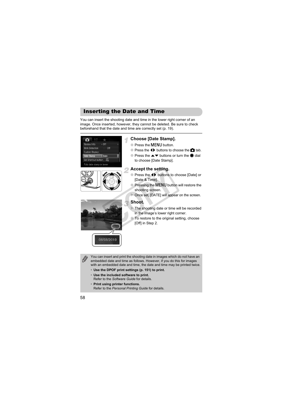 Inserting the date and time, Cop y | Canon PowerShot S95 User Manual | Page 58 / 196