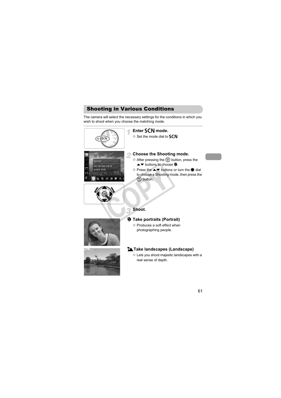 P. 61), Shooting in various conditions, Shoot (p. 61) | Cop y | Canon PowerShot S95 User Manual | Page 61 / 196