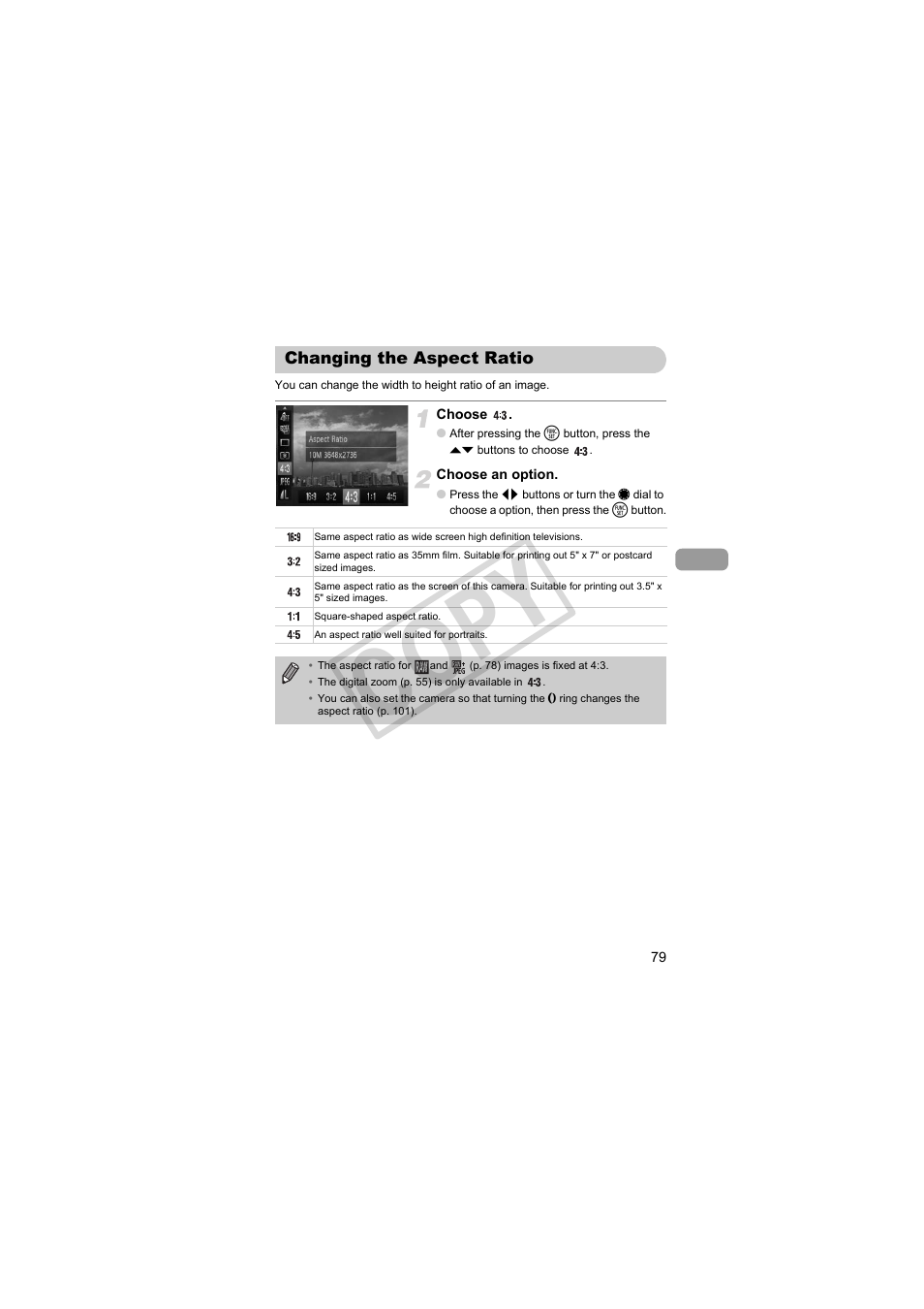 Changing the aspect ratio, C op y | Canon PowerShot S95 User Manual | Page 79 / 196