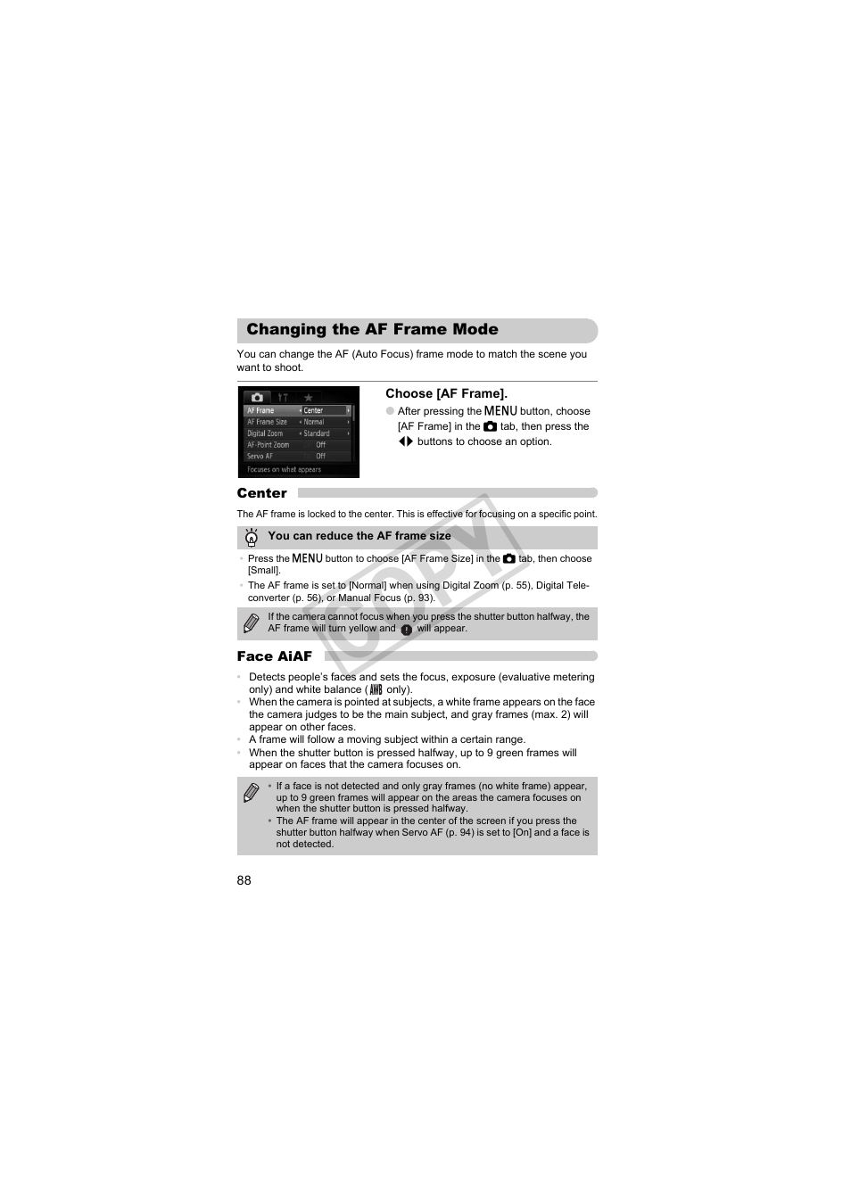 Changing the af frame mode, Cop y | Canon PowerShot S95 User Manual | Page 88 / 196