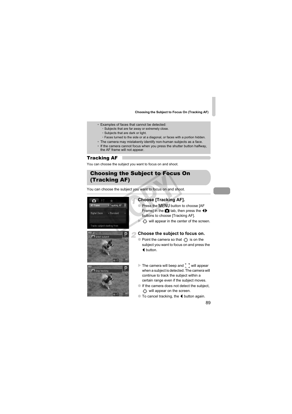 Choosing the subject to focus on (tracking af), Cop y | Canon PowerShot S95 User Manual | Page 89 / 196