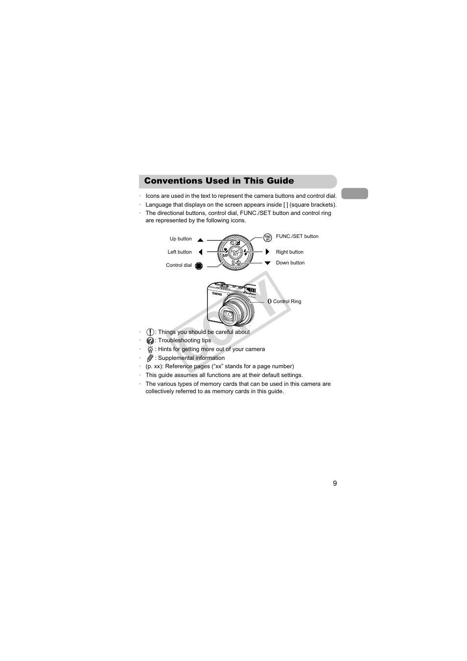 Conventions used in this guide, Cop y | Canon PowerShot S95 User Manual | Page 9 / 196