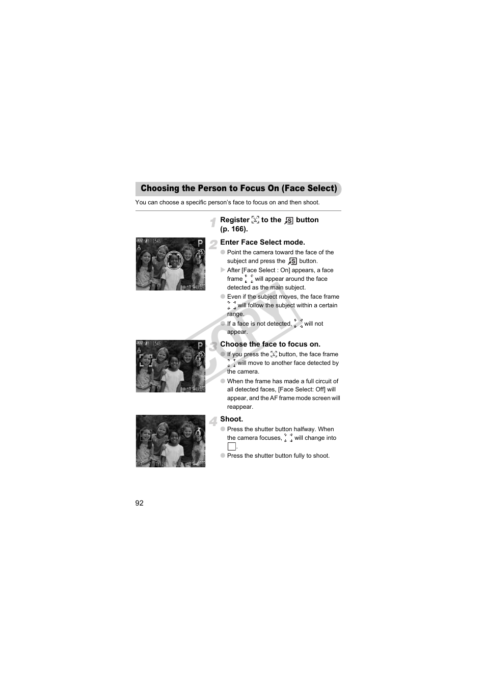 Choosing the person to focus on (face select), Cop y | Canon PowerShot S95 User Manual | Page 92 / 196