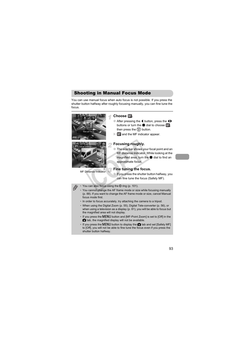 Shooting in manual focus mode, Cop y | Canon PowerShot S95 User Manual | Page 93 / 196