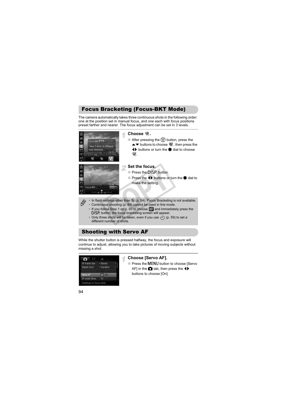 Focus bracketing (focus-bkt mode), Shooting with servo af, 94) or | C op y | Canon PowerShot S95 User Manual | Page 94 / 196