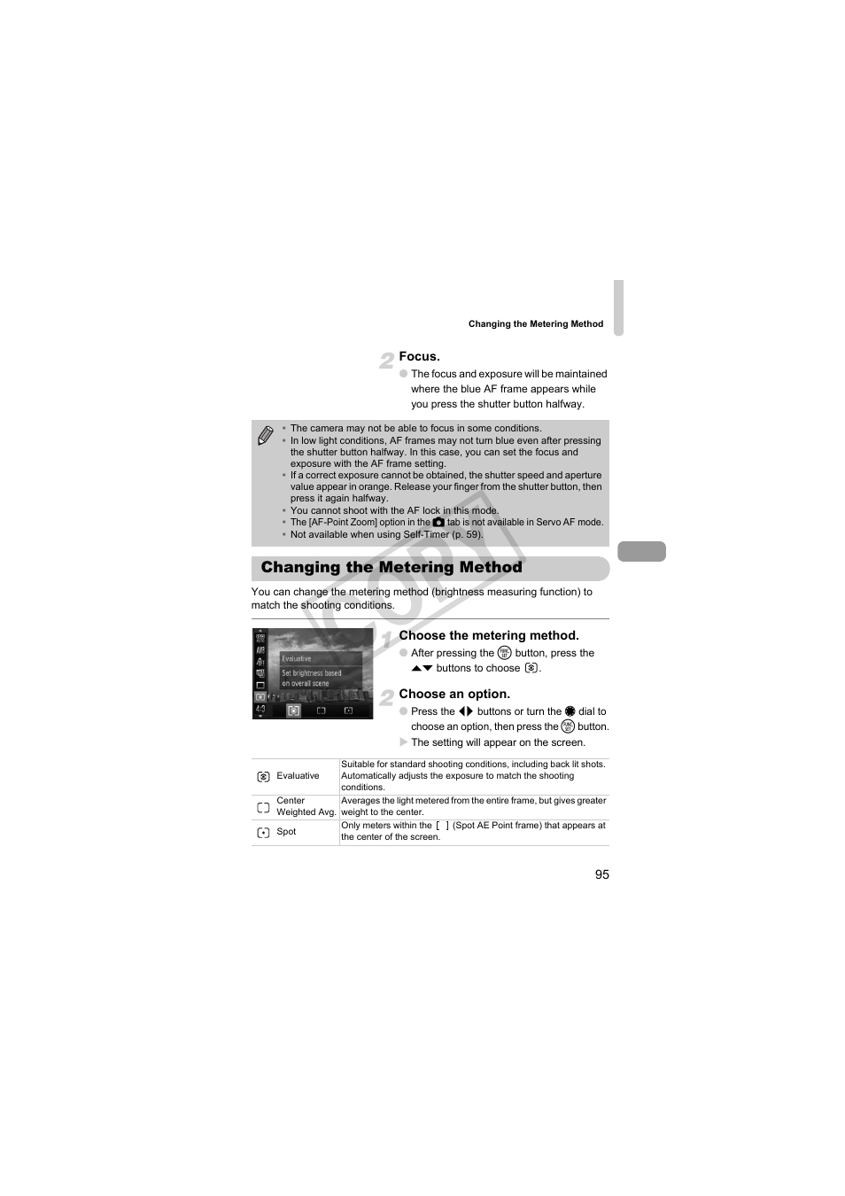 Changing the metering method, Cop y | Canon PowerShot S95 User Manual | Page 95 / 196