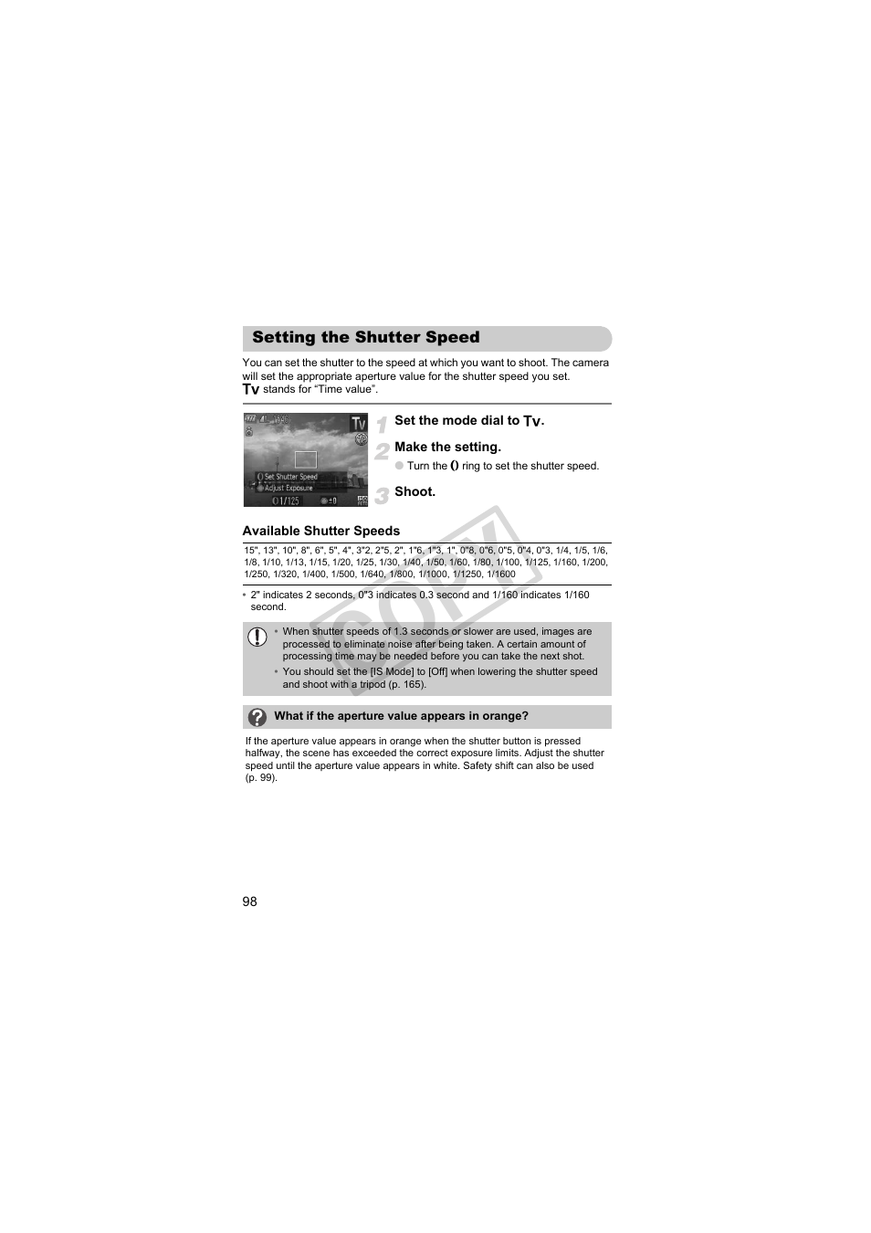 Setting the shutter speed, Cop y | Canon PowerShot S95 User Manual | Page 98 / 196